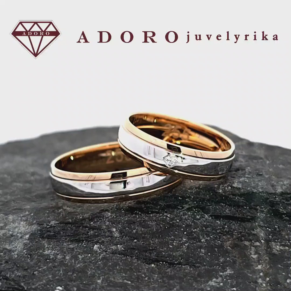 Geltono ir balto aukso vestuviniai žiedai 585 prabos su mažuoju deimantu – ADORO