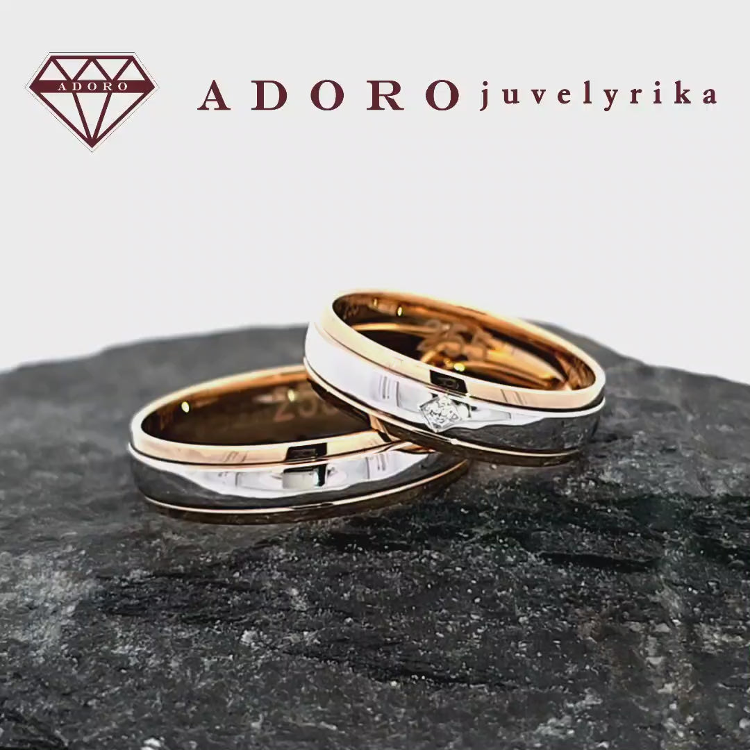 Geltono ir balto aukso vestuviniai žiedai 585 prabos su mažuoju deimantu – ADORO