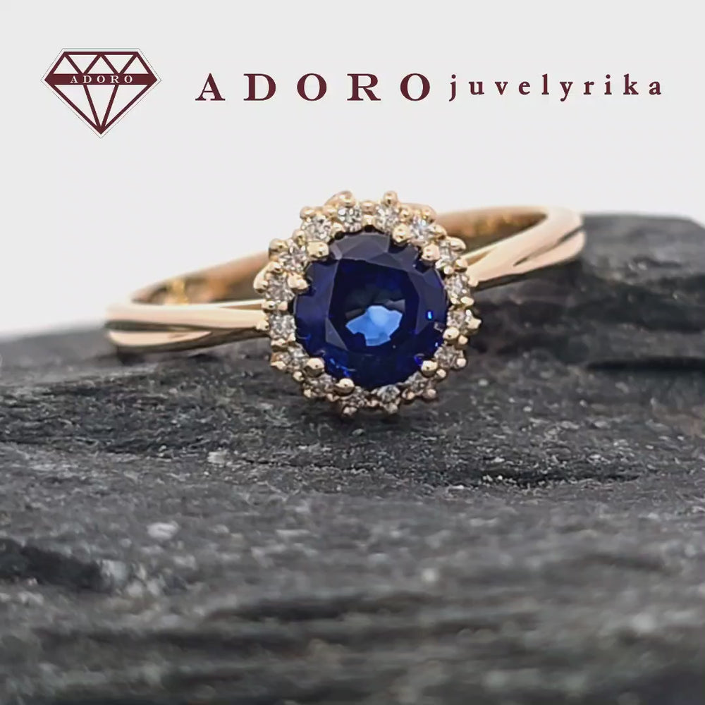 Geltono aukso žiedas su 1 ct mėlynu safyru ir aplinkui briliantais, 1.14 ct