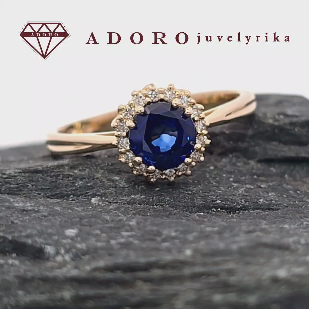Geltono aukso žiedas su 1 ct mėlynu safyru ir aplinkui briliantais, 1.14 ct