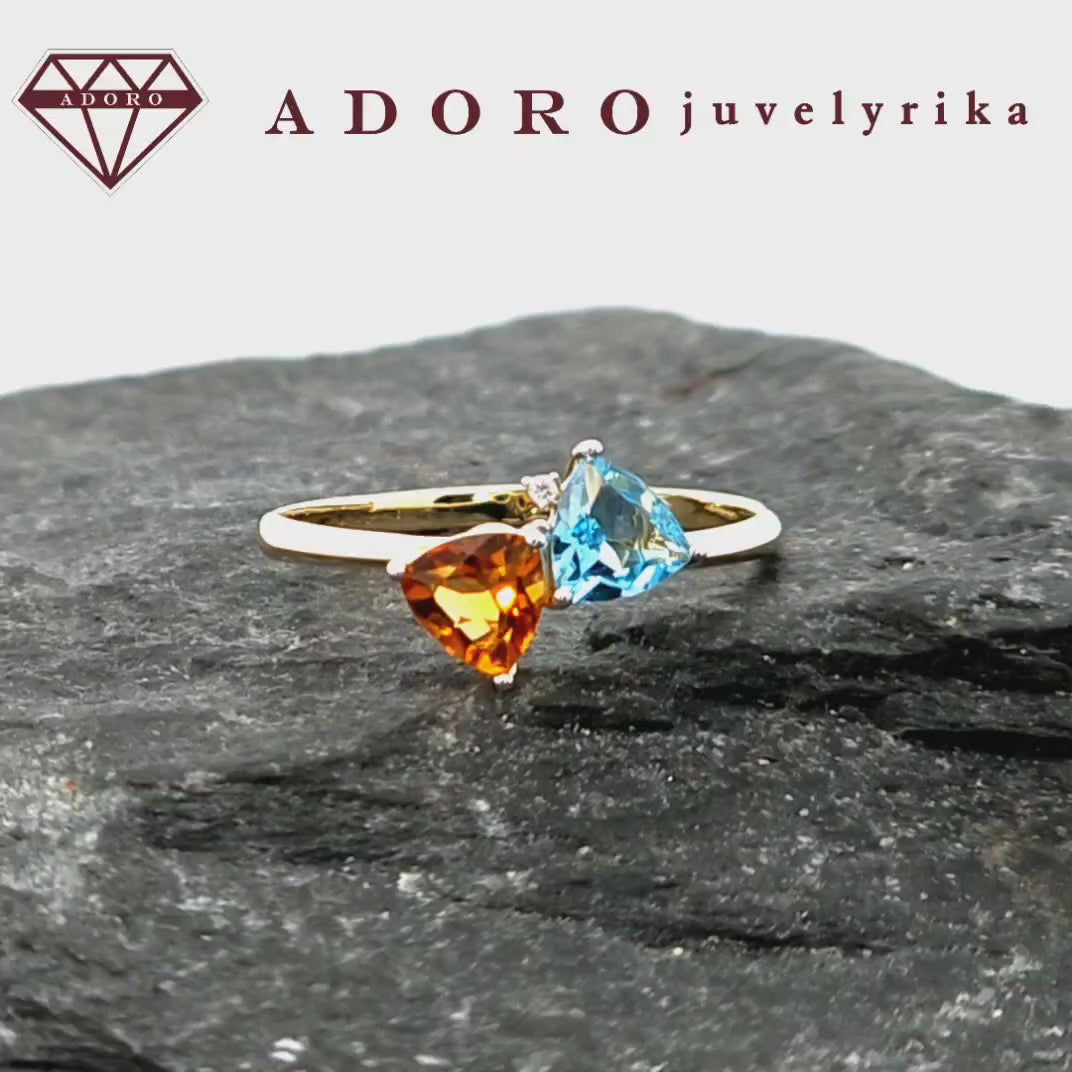 585 geltono aukso dviejų akmenų žiedas su citrinu, topazu ir briliantu – ADORO juvelyrika
