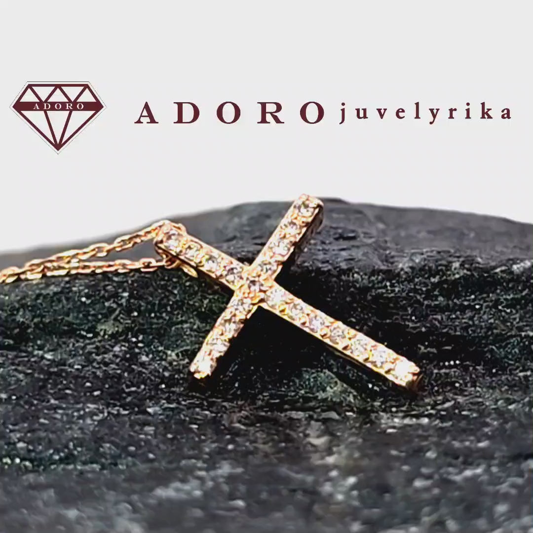 Raudono aukso kryželio formos pakabukas su deimantais, 1.80 g, 0.10 ct