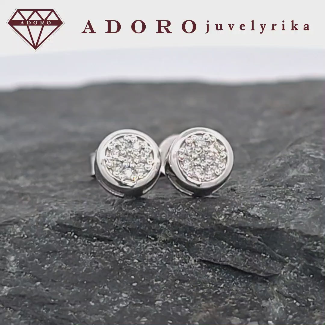 Baltos spalvos aukso auskarai su deimantais mozaikos dizainu, 585 praba – ADORO juvelyrika