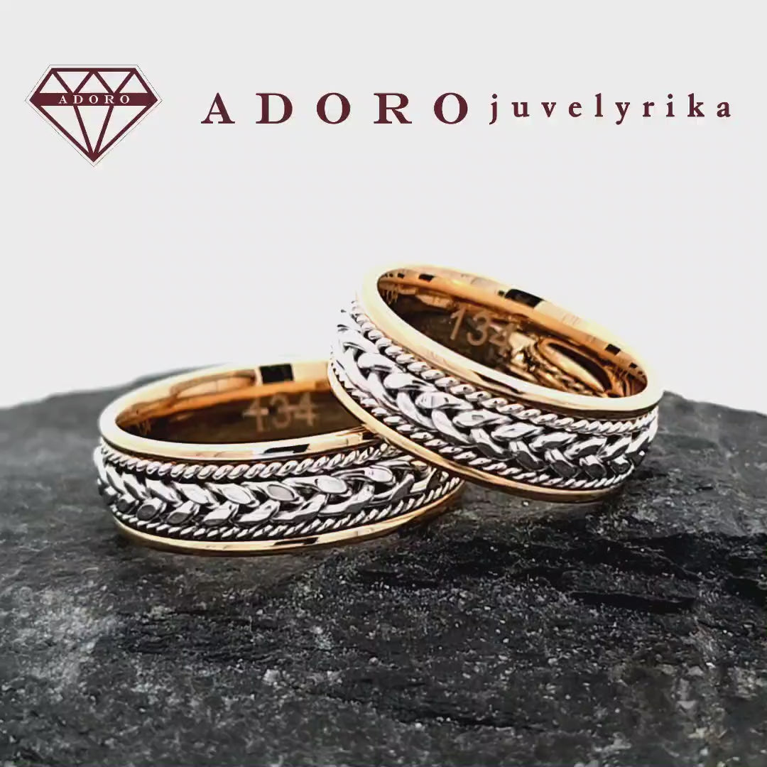 585 prabos geltono ir balto aukso vestuviniai žiedai su pynės dizainu – ADORO