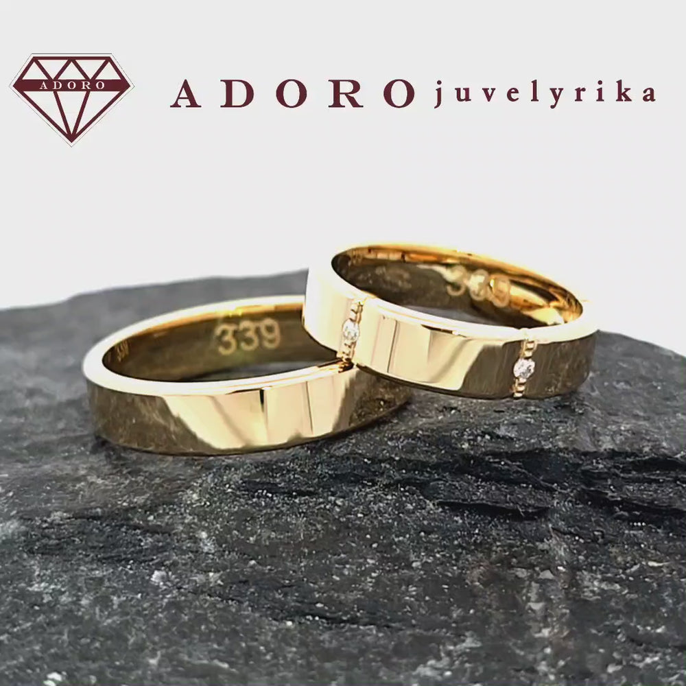 585 prabos vestuviniai žiedai iš geltono aukso su deimantais – ADORO juvelyrika