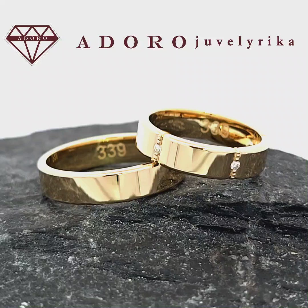 585 prabos vestuviniai žiedai iš geltono aukso su deimantais – ADORO juvelyrika
