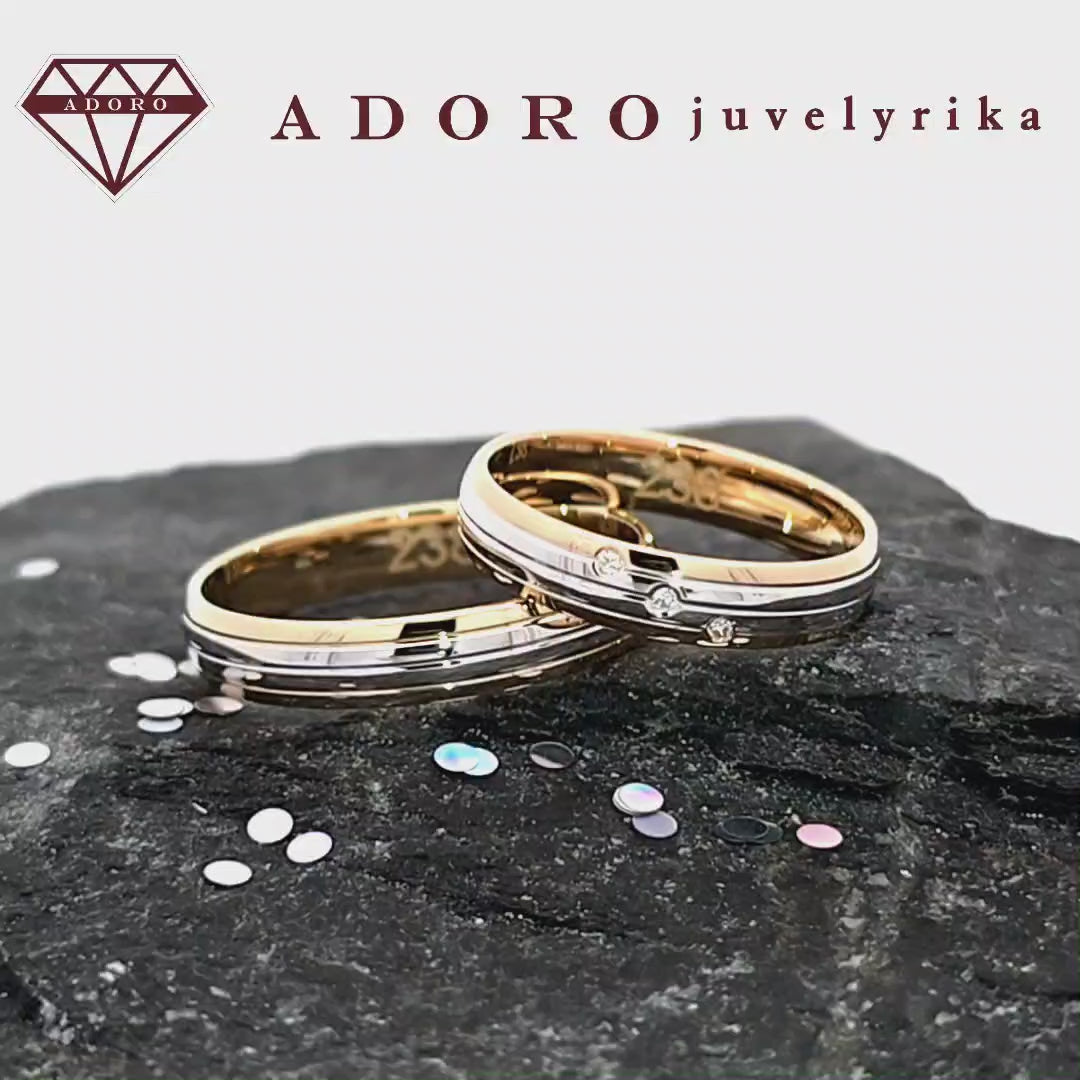 Geltono ir balto aukso vestuviniai žiedai su deimantų juostele – ADORO