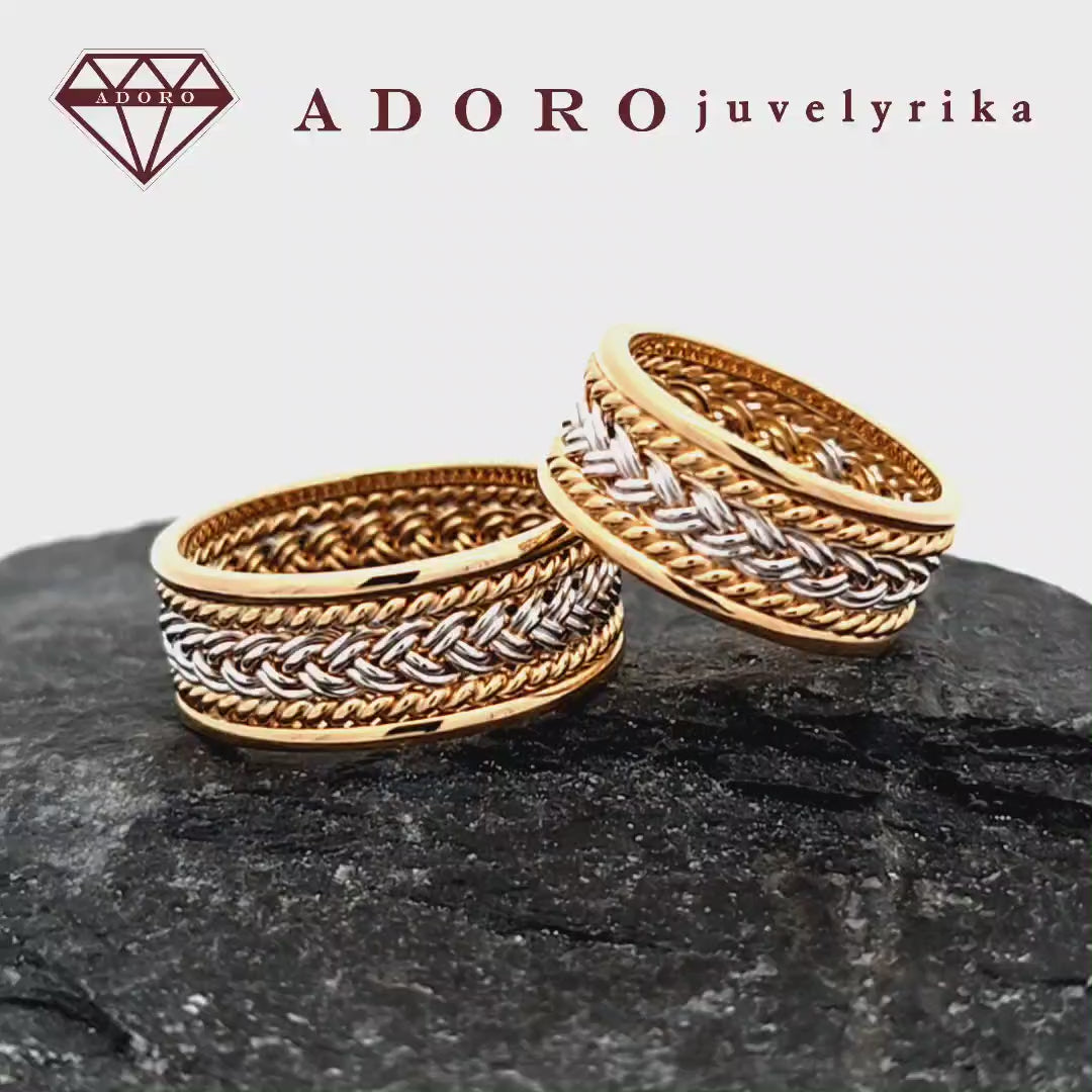 Geltono ir balto aukso vestuviniai žiedai su pynimo raštu – ADORO juvelyrika