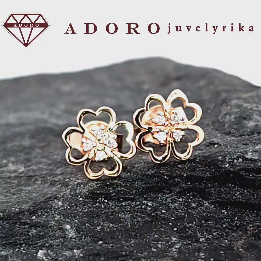 Rausvo aukso auskarai su 8 deimantais keturlapio dobilo forma – ADORO juvelyrika