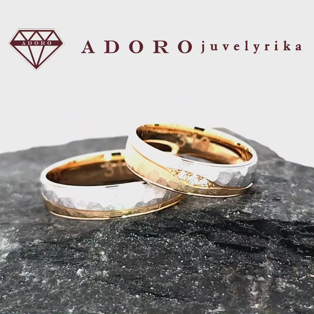 Dviejų spalvų aukso vestuviniai žiedai su deimantais, modelis – ADORO juvelyrika
