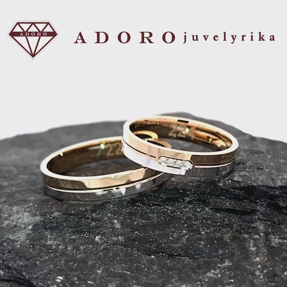 Dviejų spalvų vestuviniai žiedai su deimantu – ADORO juvelyrika