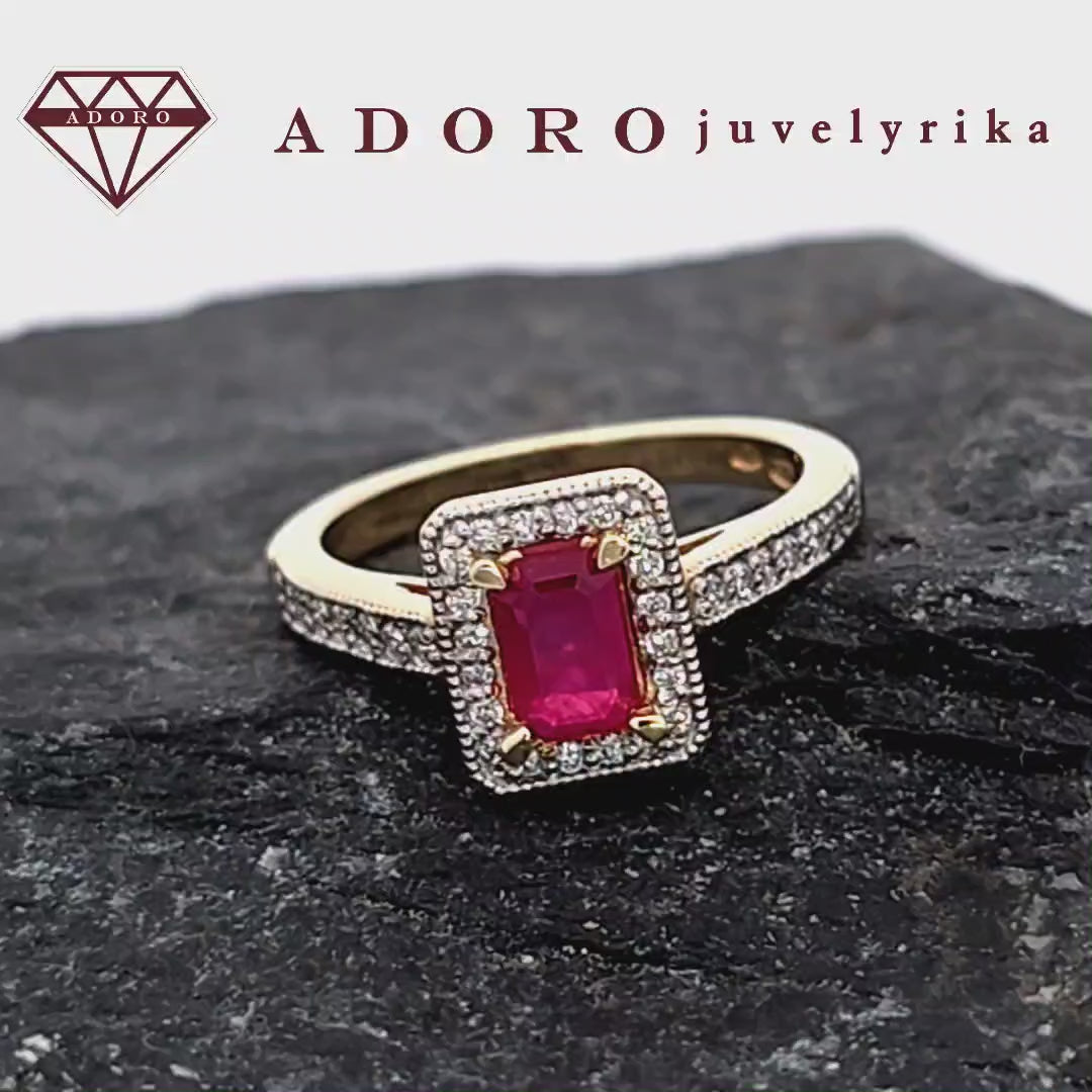 Geltono aukso žiedas su natūraliu rubinu ir briliantais – ADORO juvelyrika