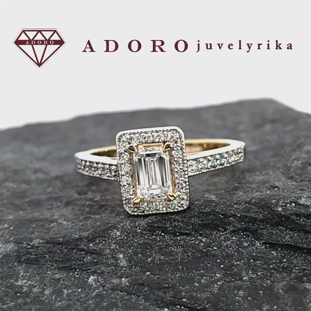 585 prabos žiedas su 0.60 ct Emerald cut laboratoriniu deimantu ir šoniniais briliantais – ADORO
