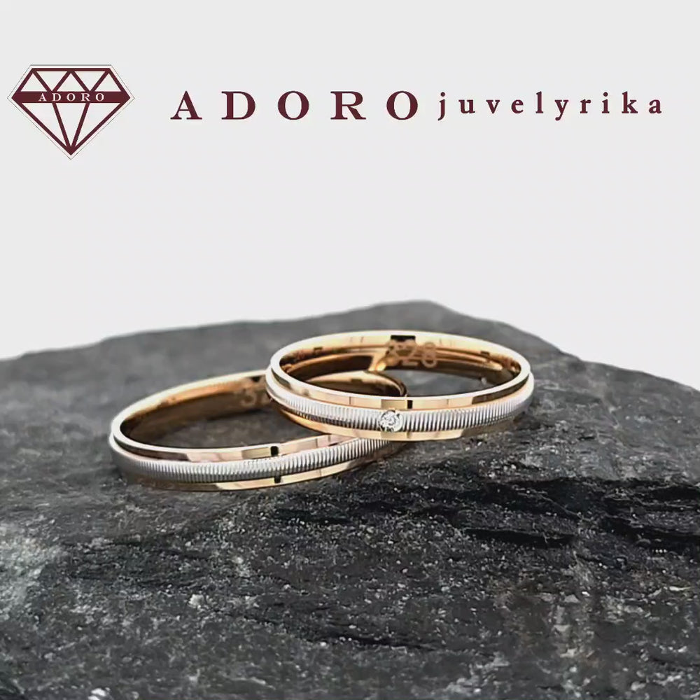 585 prabos vestuviniai žiedai iš geltono ir balto aukso su deimantu – ADORO juvelyrika