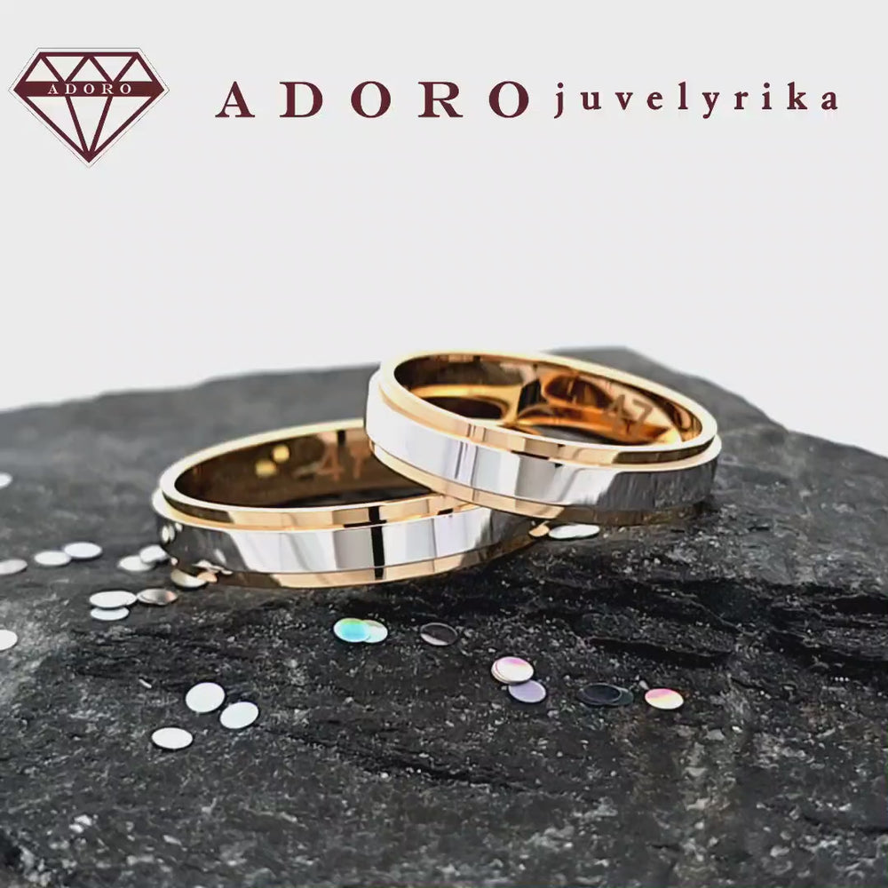 Dviejų spalvų 585 prabos vestuviniai žiedai su poliruotu paviršiumi – ADORO