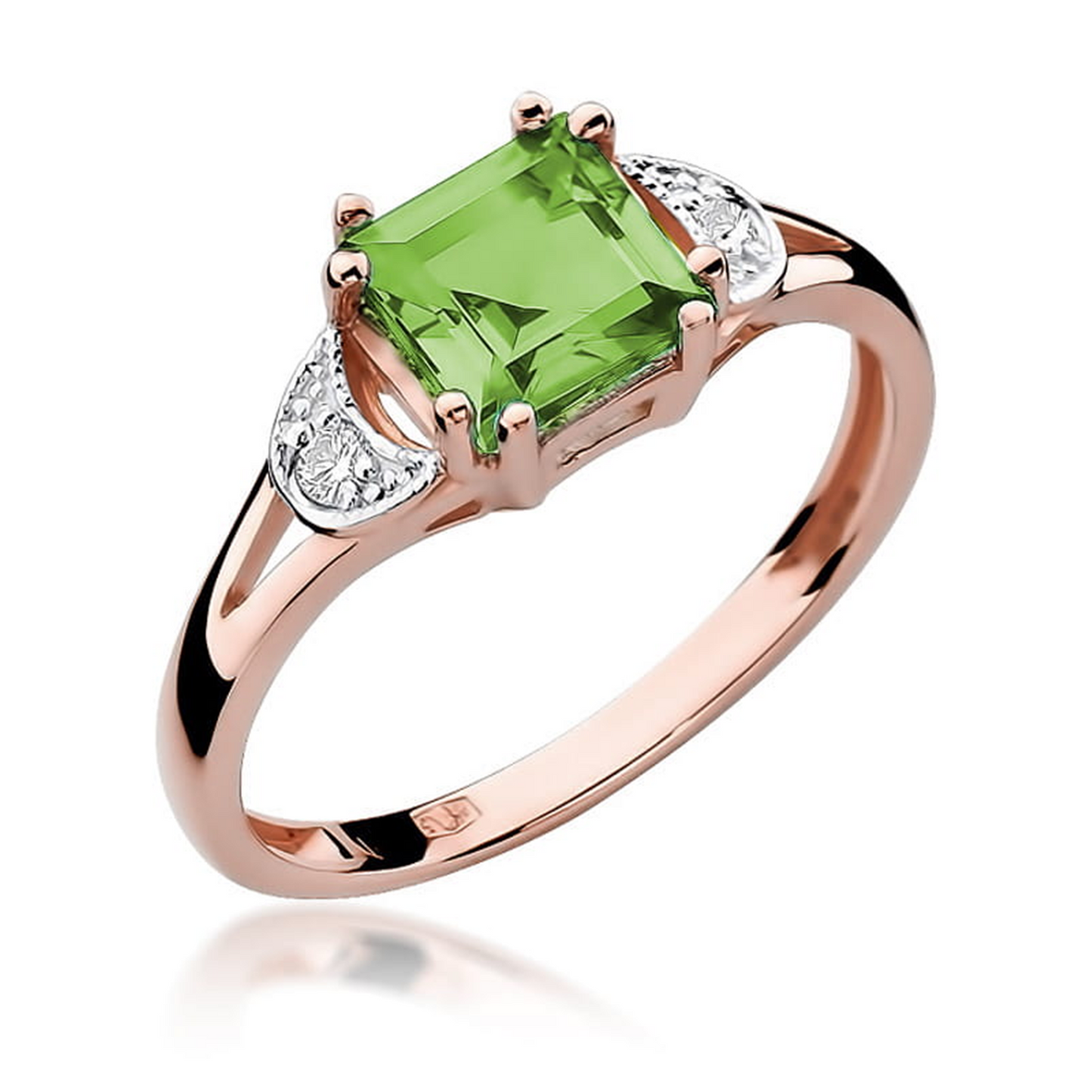 Raudono aukso žiedas su 1.1 ct peridotu ir deimantais BGBP | ADORO juvelyrika